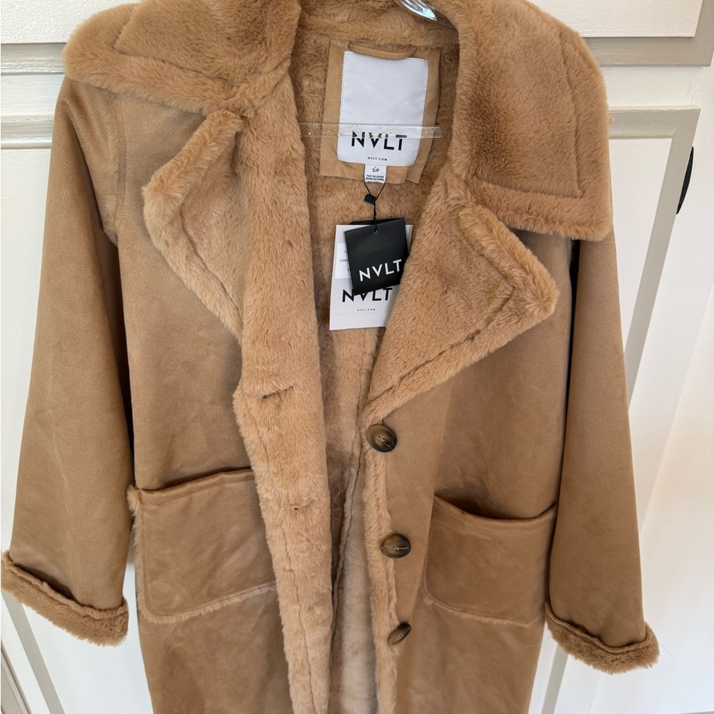NVLT Plush Faux Shearling Teddy Coat in Camel Brown